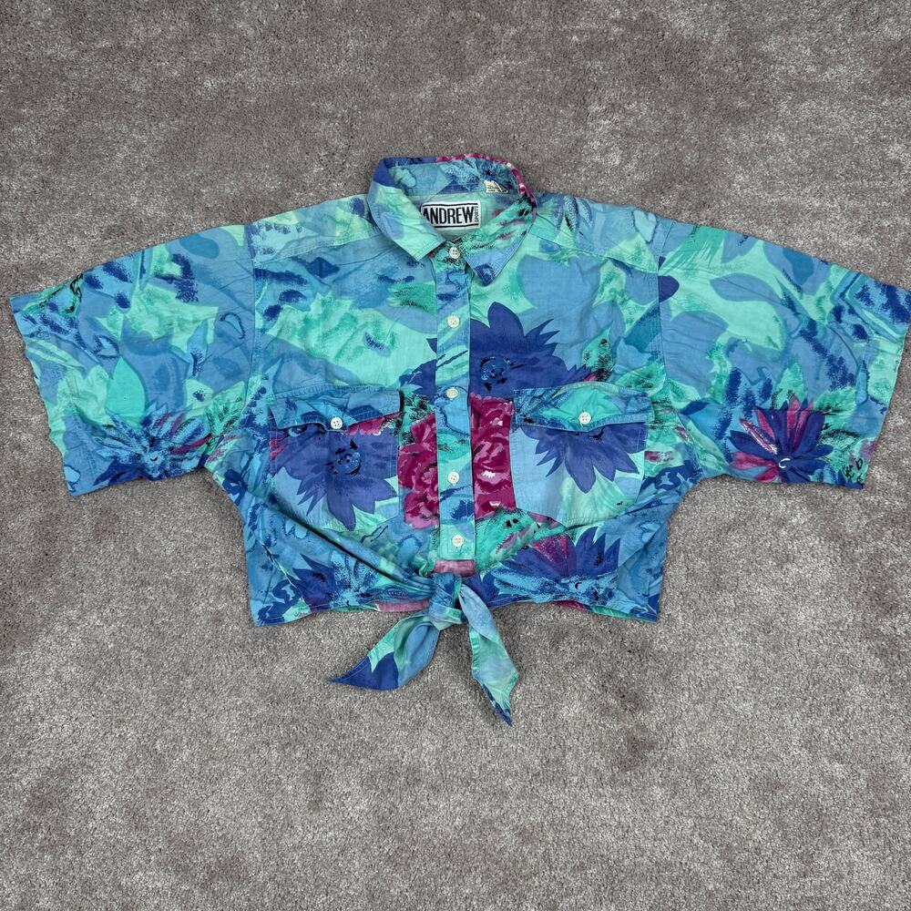 Vintage Andrew Sports Size L Teal Floral Watercolor Crop Tie Front 90s
